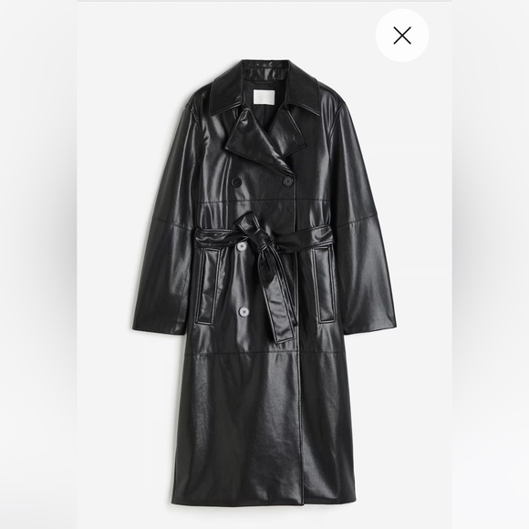 H&M Long Faux Leather Black Trench Coat - Picture 1 of 10
